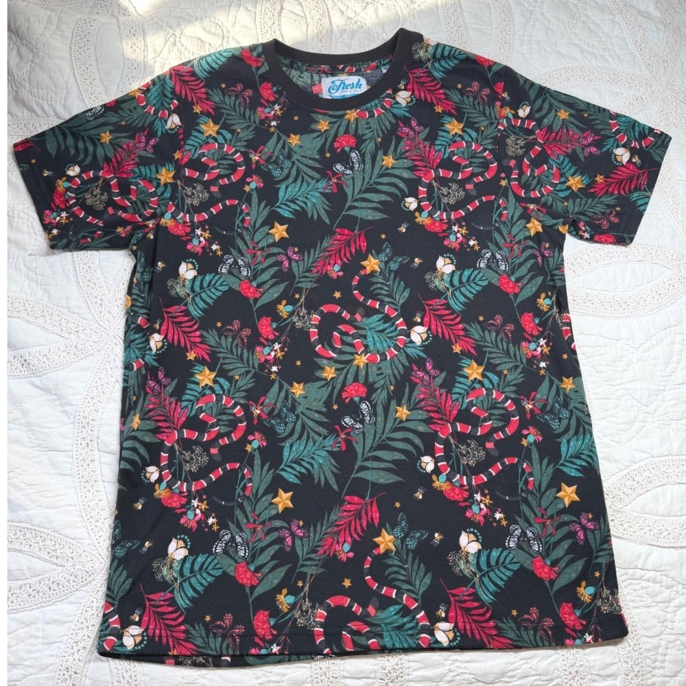 Fresh‎ Prints of Bel-Air Snake Tropical Print T-Shirt Black Y2K Mens Medium